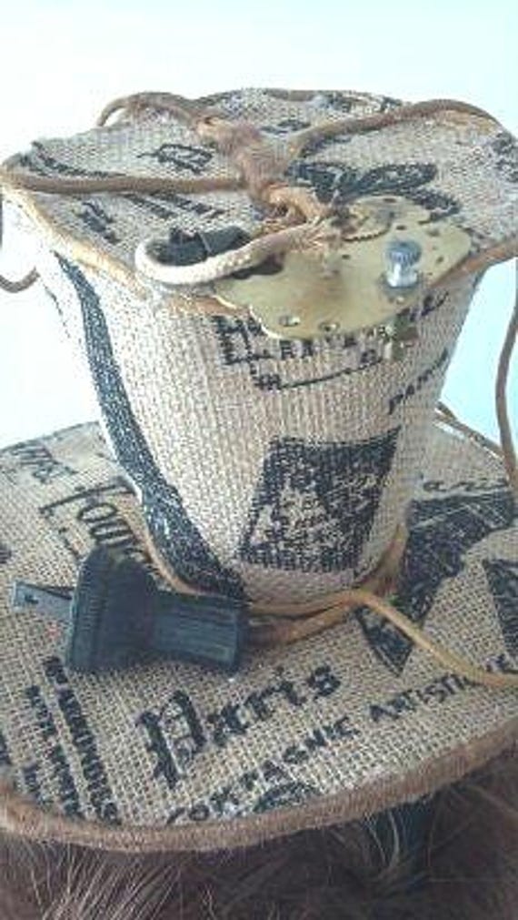 Paris Electric Steampunk Burlap Victorian mini top hat