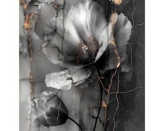 Golden Fracture | Minimalist Kintsugi-Inspired Flower Art Print – Monochrome Abstract Wall Art with Gold Accents