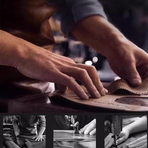 May include: A craftsman's hands working with leather. The image shows the process of shoemaking, including cutting, stitching, and shaping leather. The close-up shots highlight the precision and detail involved in the craft.
