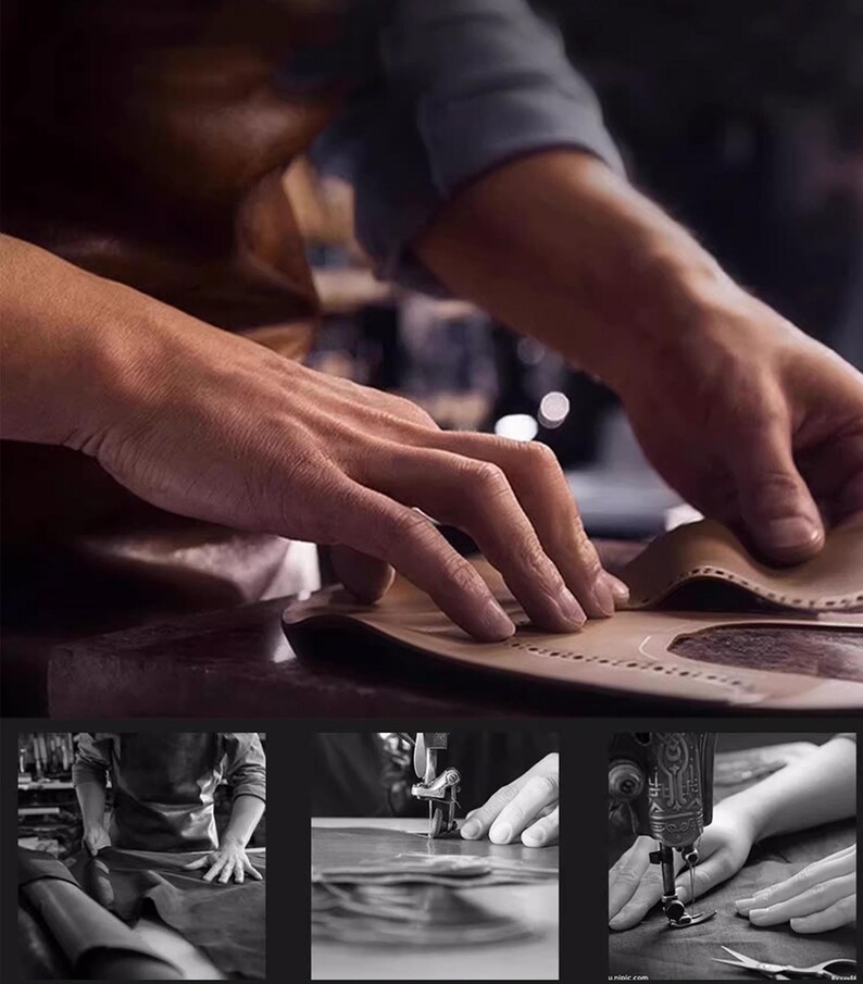 May include: A craftsman's hands working with leather. The image shows the process of shoemaking, including cutting, stitching, and shaping leather. The close-up shots highlight the precision and detail involved in the craft.