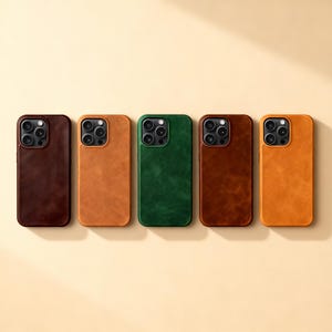Puede incluir: Cinco fundas de teléfono de cuero en fila, cada una de un color diferente. Los colores son marrón, beige, verde, marrón oscuro y naranja. Cada funda tiene un recorte para la cámara y una superficie texturizada.
