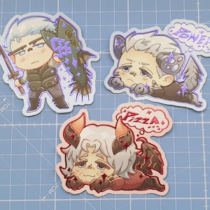 May include: Three stickers featuring anime-style characters. One sticker shows a character with a sword and a weapon. Another sticker has a character with the word "POWER". The last sticker has a character with the word "Pizza".