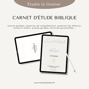 May include: Two digital tablets with the text "CARNET D'ÉTUDE BIBLIQUE" and "La Genèse". One tablet is open, displaying text and a cross graphic. A stylus is next to the open tablet. The background is a light beige color.