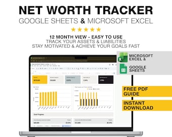 Pacchetto di fogli di calcolo per il monitoraggio del patrimonio netto (Fogli Google + Excel) / Attività e passività / Calcolatore del patrimonio netto / Dashboard finanziaria