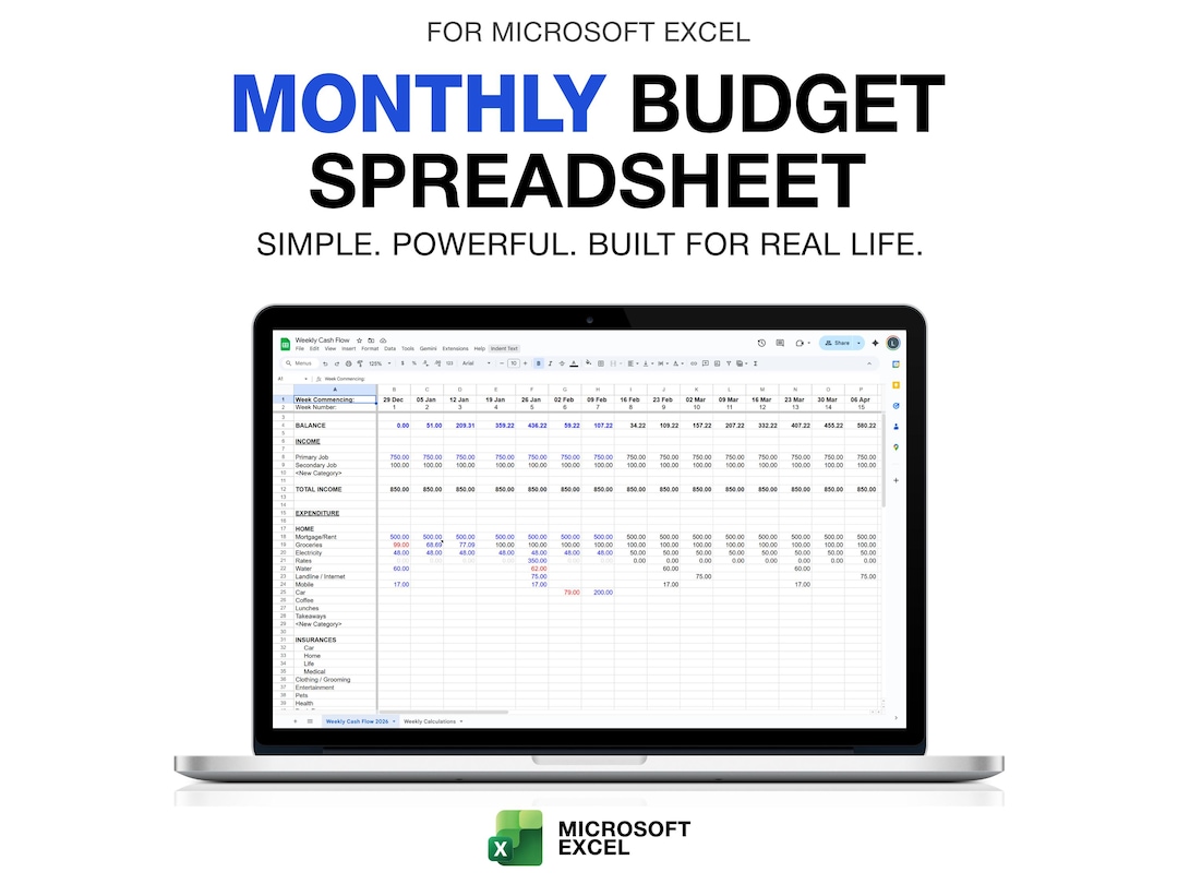 Monthly Budget Spreadsheet for Excel | Budget by Paycheck | Monthly ...