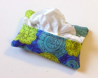 Lime Green Turquoise Royal Blue Print Purse Tissue Cozy Under 5 Dollars Stocking Stuffer