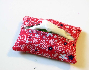 Blue and White Flowers on Red Purse Tissue Cozy Under 5 Dollars Stocking Stuffer