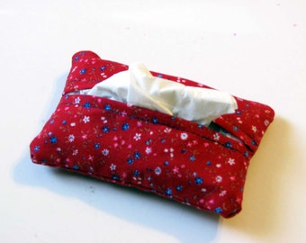 Blue and White Flowers on Red Purse Tissue Cozy Under 5 Dollars Stocking Stuffer