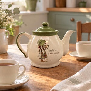 Puede incluir: Una tetera de cerámica color crema con tapa y asa verdes, que presenta una ilustración impresa de una persona con capota sosteniendo flores y el texto "Tea for two is twice as nice" en el lateral, colocada sobre una superficie de madera.