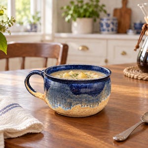 May include: A ceramic soup mug featuring a deep blue glazed upper section that transitions into a textured, sandy-beige base. The mug is filled with a creamy soup garnished with green herbs and has a single curved handle on the left side.