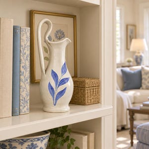 May include: A cream-colored ceramic pitcher featuring a tall, curved handle and a hand-painted blue leaf motif on the front. The pitcher has a flared rim and a rounded base, standing upright on a white shelf next to a row of books.
