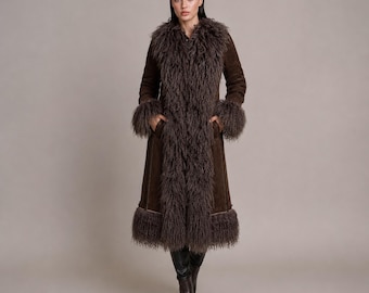Brown Shearling Penny Lane Coat – Vintage Suede & Real Mongolian Fur Trim - 1970's Women Afghan Coat Winter Sheepskin Coat Bohemian Fur Coat