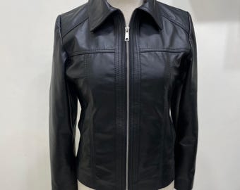Women’s Black Leather Jacket – Vintage Biker Style, Minimalist Zip-Up  Jacket - Gift For Her