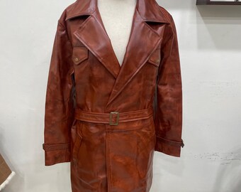 Handmade Brown Leather Trench Coat: Vintage Belted Outerwear