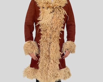 Women’s Penny Lane Coat | Brown Shearling Leather Coat with Mongolian Fur Trim | Vintage Afghan Boho Hippie Long Coat