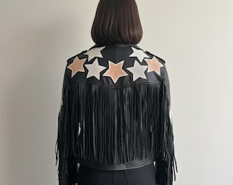 Women's Black Leather Fringe Jacket: Western Star Biker Style
