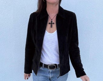 Women's Vintage Black Suede Leather Jacket | Real Suede Zip-Up Coat | Handmade Genuine Suede Outerwear | Gift For Her
