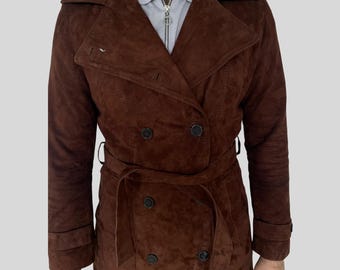Men’s 70s  Brown Suede Trench Coat | Vintage Long Suede Leather Coat | Handmade Boho Style Winter Overcoat | Genuine Suede Outerwear