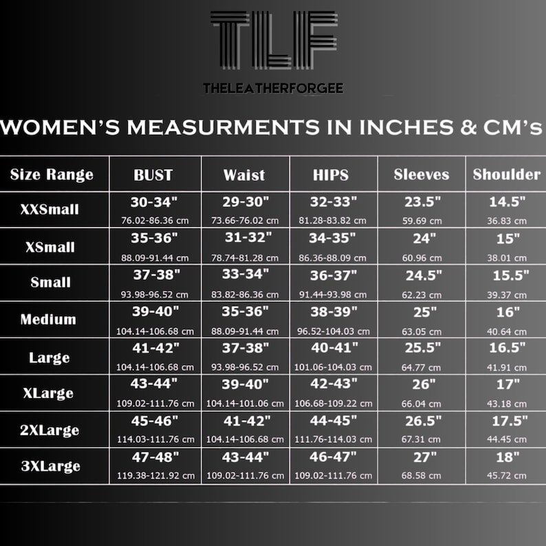 May include: A size chart for women's measurements in inches and centimeters. The chart includes bust, waist, hips, sleeves, and shoulder measurements, with size ranges from XXSmall to 3XLarge. The brand logo "TLF" is at the top.