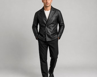 Men's Black Genuine Leather Double-Breasted Blazer - Handmade Vintage Style