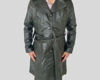 Men's Handmade Green Leather Trench Coat: Vintage Long Belted Overcoat