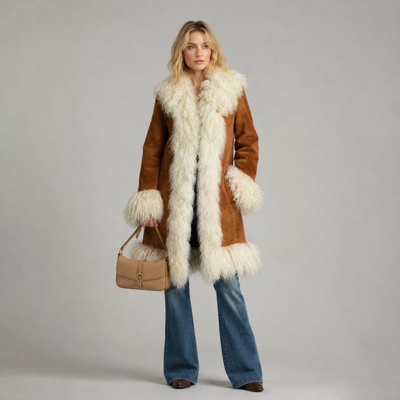 Women Brown Penny Lane Coat - Shearling Long  Boho Hippie  Coat 70s Vintage Bohemian Brown Trench Coat Afghan Coat Suede Coat