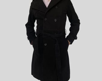 Men’s Black Suede Trench Coat | Double Breasted Belted Long Suede Leather Coat | Vintage 70s Fall Winter Suede Coat Handmade Outerwear