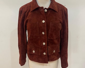 Vintage Brown Suede Leather Jacket – Women’s  Style Button-Up Coat with Pockets | 70s Real Suede Blazer Outerwear | Bomber Suede Jacket