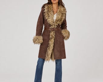 Women Brown Suede Penny Lane Coat | Real Shearling Trim Leather Coat | Vintage 70s Boho Shearling Coat | Handmade Long Winter Shearling Coat