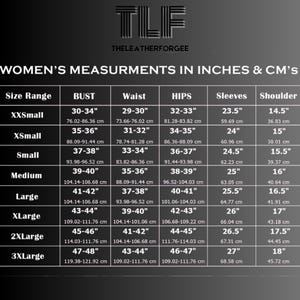 May include: A women's size chart displaying measurements in inches and centimetres. It details bust, waist, hip, sleeve, and shoulder sizes from XXSmall to 3XLarge. The brand logo is at the top of the chart.