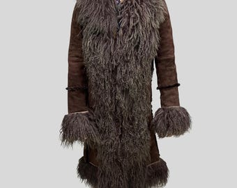 Brown Shearling Penny Lane Coat – Vintage Suede & Real Mongolian Fur Trim - 1970's Women Afghan Coat Winter Sheepskin Coat Bohemian Fur Coat