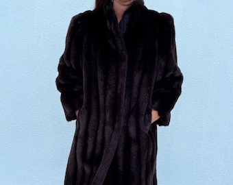 Abrigo de piel de visón negro auténtico para mujer - Abrigo de visón largo - Elegante abrigo de invierno