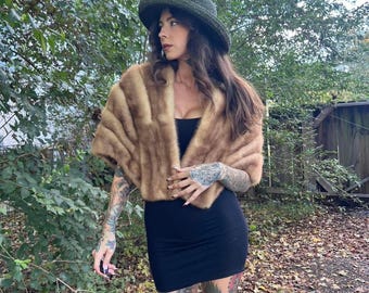 Womens Vintage Real Mink Fur Stole – Luxurious Light Brown Cape Shawl For Women