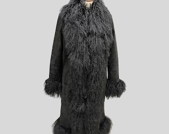 Vintage 1970's Black Penny Lane Coat – Suede & Real Mongolian Fur Trim - Women Afghan Coat Winter Sheepskin Coat Bohemian Fur Coat