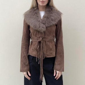 1980s Women Brown Suede Penny Lane Jacket with Fur Collar Vintage Boho Shearling Coat