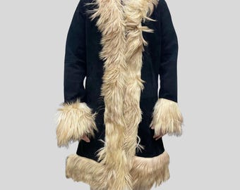 Black Shearling Penny Lane Coat – Vintage Suede & Real Mongolian Fur Trim - 1970's Women Afghan Coat Winter Sheepskin Coat Bohemian Fur Coat