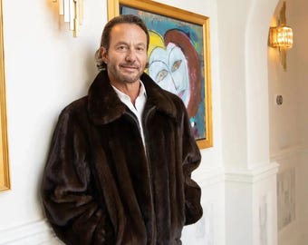 Giacca bomber da uomo in pelliccia di visone color mogano, stile vintage di lusso, con cerniera, colore marrone.
