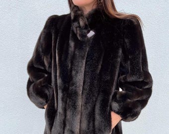 Women’s Real Black Mink Fur Coat - Luxury Fur Winter Jacket - Vintage Mink Coat - Timeless Black  Fur Outerwear Gift for Her