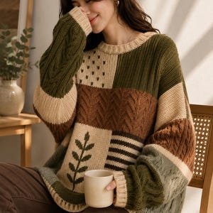 Peut inclure: Un pull en tricot &agrave; manches longues avec un motif patchwork dans des tons vert olive, cr&egrave;me et marron. Le pull pr&eacute;sente diverses textures, notamment des torsades, un motif de feuille et des formes g&eacute;om&eacute;triques, avec un col rond c&ocirc;tel&eacute;.