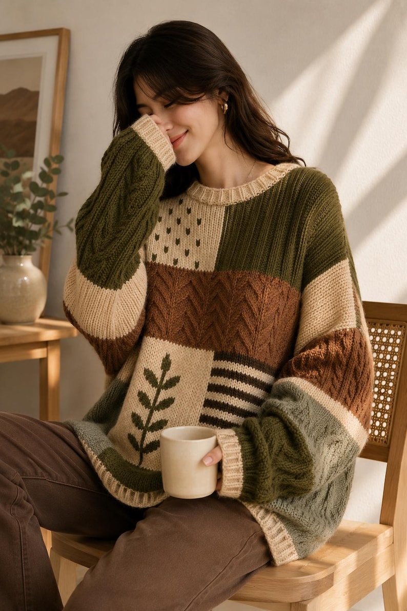 Peut inclure: Un pull en tricot &agrave; manches longues avec un motif patchwork dans des tons vert olive, cr&egrave;me et marron. Le pull pr&eacute;sente diverses textures, notamment des torsades, un motif de feuille et des formes g&eacute;om&eacute;triques, avec un col rond c&ocirc;tel&eacute;.