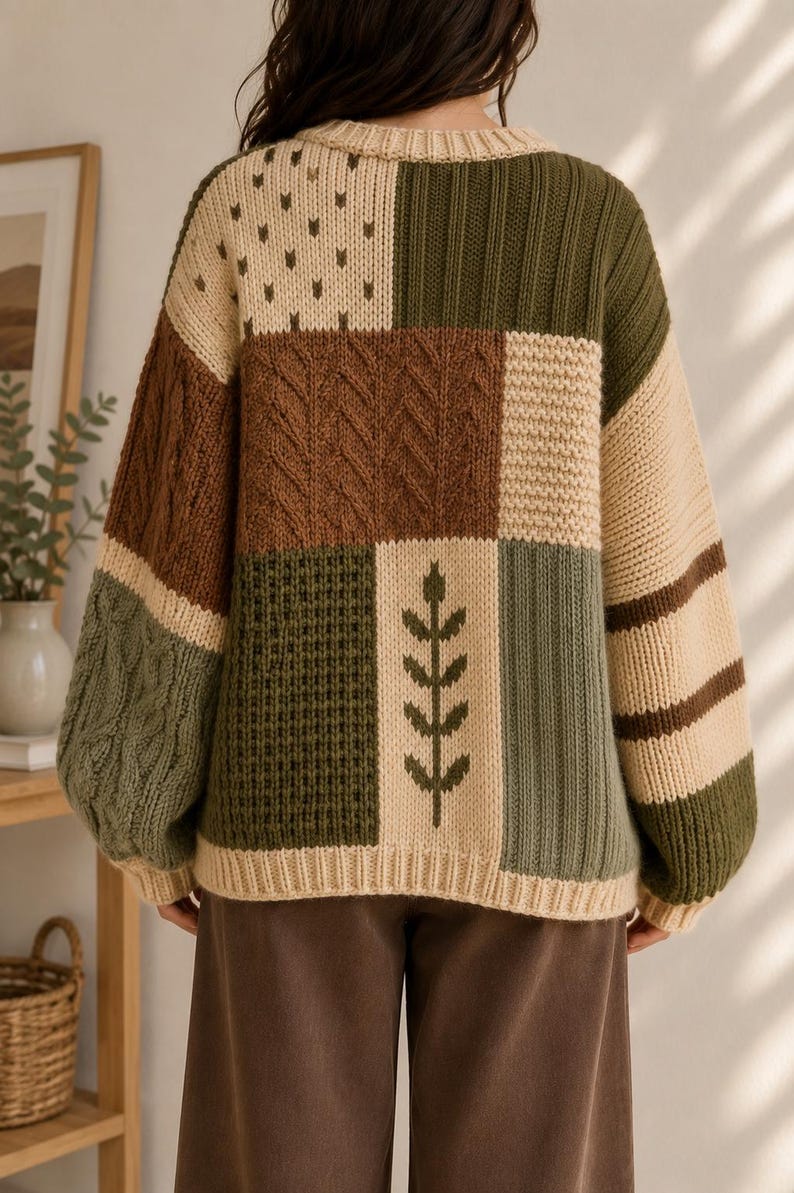 Peut inclure: Un pull &agrave; manches longues pr&eacute;sentant un motif patchwork dans des tons vert olive, cr&egrave;me et marron. Le v&ecirc;tement en tricot affiche diverses textures, notamment des torsades, des motifs c&ocirc;tel&eacute;s et un motif de feuille central au dos.