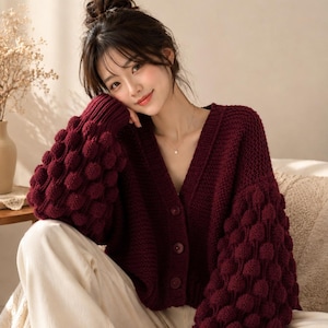 Cozy Korean-Inspired Burgundy Bobble-Sleeve Cardigan — Back View