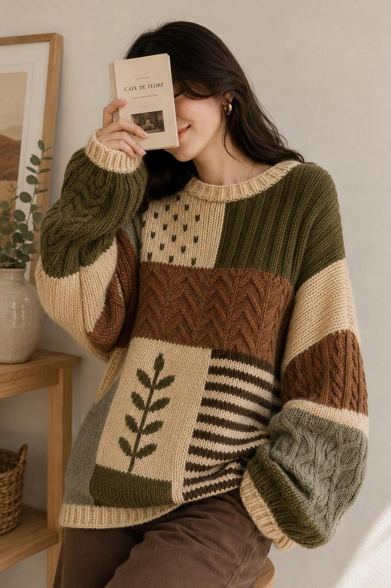 Peut inclure: Un pull en tricot &agrave; manches longues avec un motif patchwork dans des tons vert olive, cr&egrave;me et marron. Le pull pr&eacute;sente diverses textures, notamment des torsades, des c&ocirc;tes et un motif de feuille. Le livre tenu indique CAFE DE FLORE.