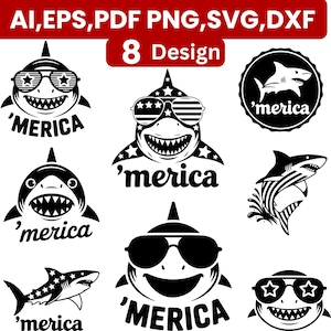 May include: Eight black and white shark designs are shown, each with sunglasses and the word "'merica". The illustrations include sharks wearing star-spangled sunglasses and a shark in a circular emblem. The image also includes file type information.