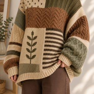 May include: A long-sleeve knit sweater featuring a patchwork design in cream, olive green, and brown. The garment displays various textures including cable knit, ribbed patterns, and a central graphic of a green leaf on a cream background.