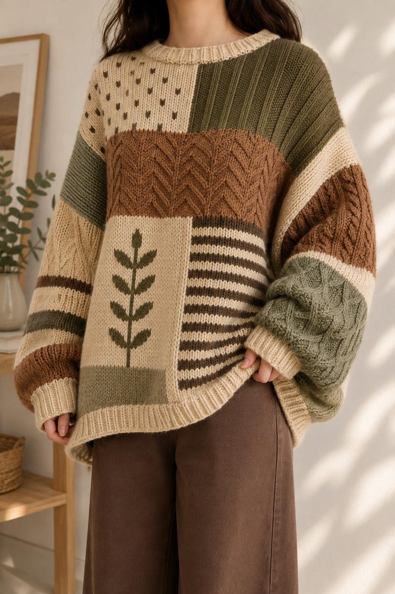 Peut inclure: Un pull en tricot &agrave; manches longues avec un motif patchwork dans des tons cr&egrave;me, vert olive et marron. Le v&ecirc;tement pr&eacute;sente diverses textures, notamment des torsades, des c&ocirc;tes et un motif central de feuille verte sur fond cr&egrave;me.