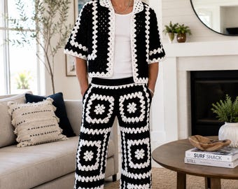 Patron PDF de gilet carré style grand-mère et pantalon large au crochet, ensemble noir et blanc, tenue unisexe, téléchargement numérique