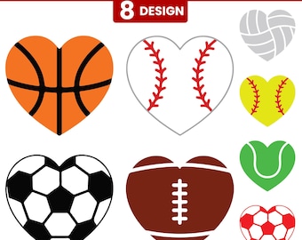 スポーツボールハートSVGバンドル（8）｜バスケットボール、野球、フットボール、サッカー｜Cricut、SilhouetteカットファイルPng、Dxf、Ai、Eps