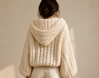 Patron PDF d'un gilet en grosse maille | Pull à capuche zippé oversize | Modèle de tricot à manches ballon | Idéal pour les débutants | Toutes tailles