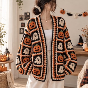 May include: A long-sleeved open-front cardigan featuring a crochet granny square pattern. The garment displays alternating black-bordered squares with orange jack-o'-lanterns and white ghosts. It is worn over a plain white top and light-colored pants.